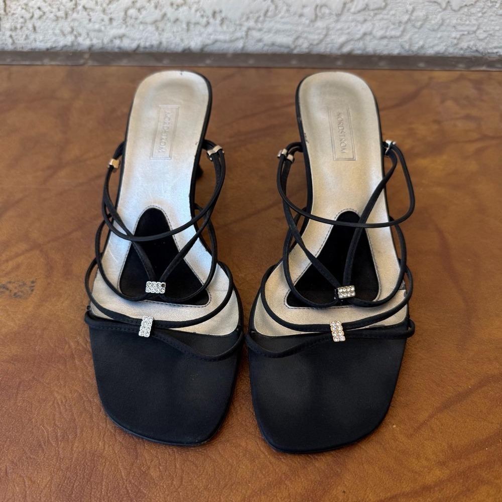 Vintage Y2K Nordstrom Black Satin Rhinestone Strappy Mule Heels Square